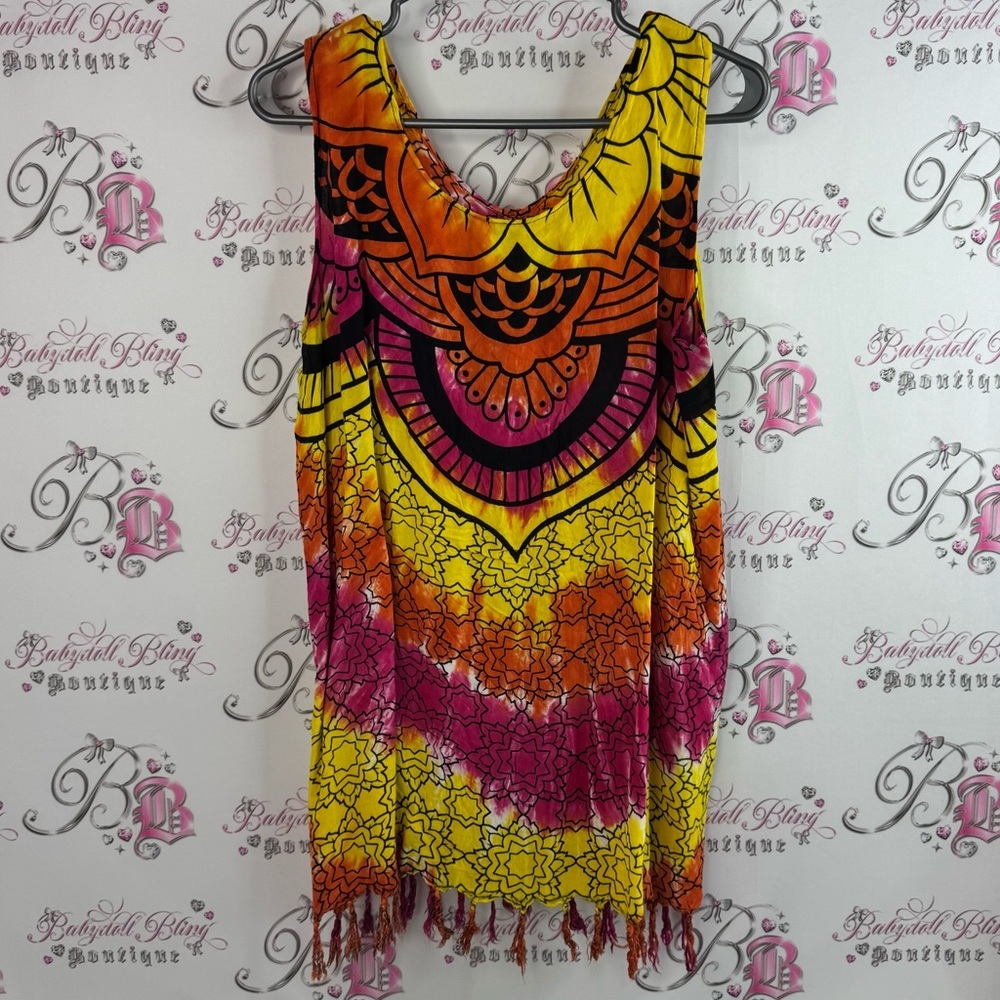 Mini dress or tank top tassle hem bottom Vibrant Multicolor Sleeveless Dress